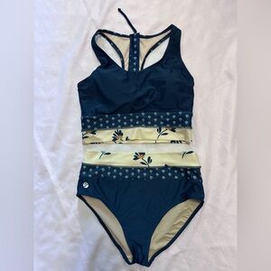 Nani Swimwear Navy and Cream Floral Colorblock Two-Piece Swimsuit Racerback